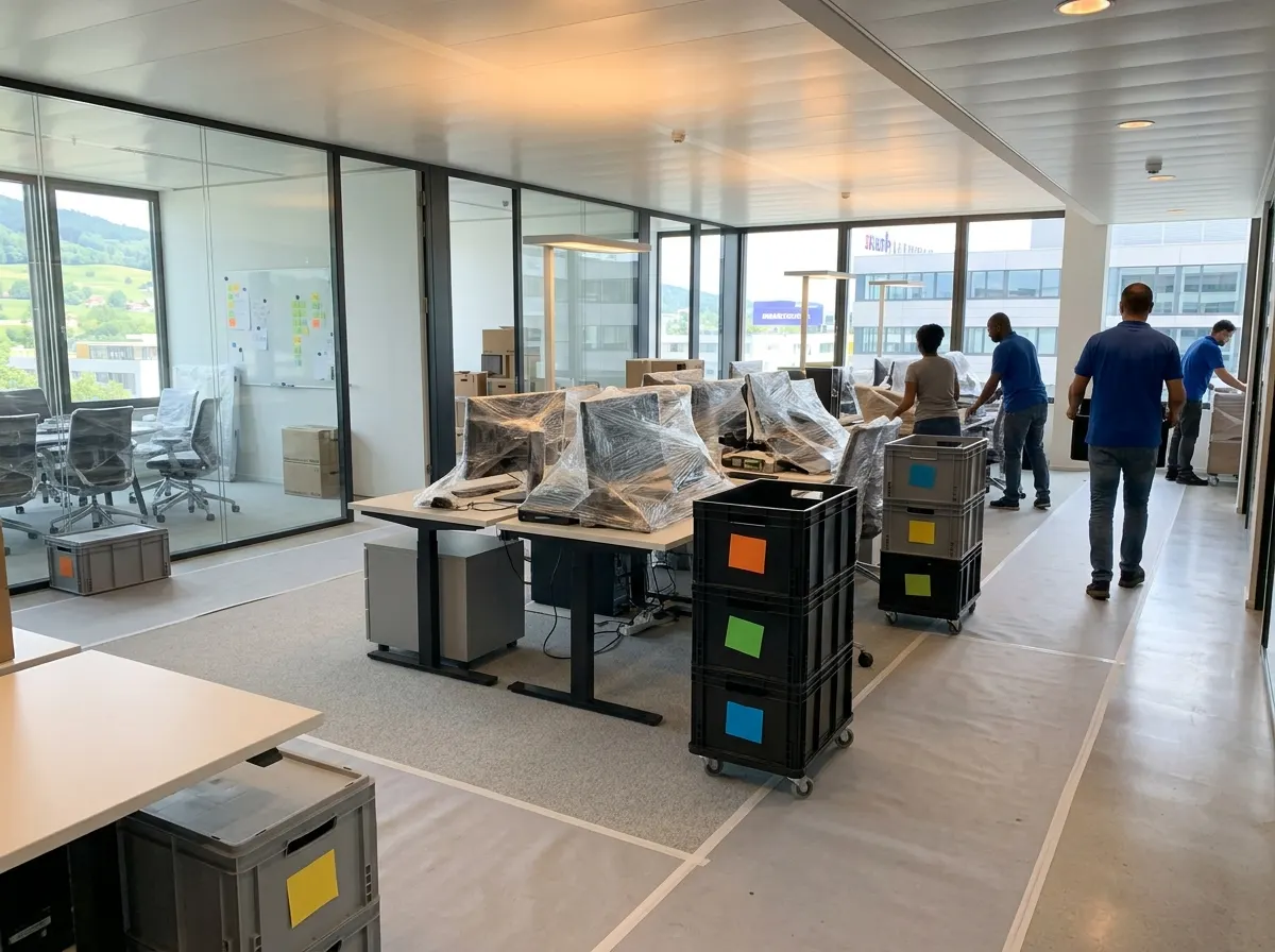 Verpackte Büroarbeitsplätze und Rollcontainer in einem Zuger Geschäftshaus