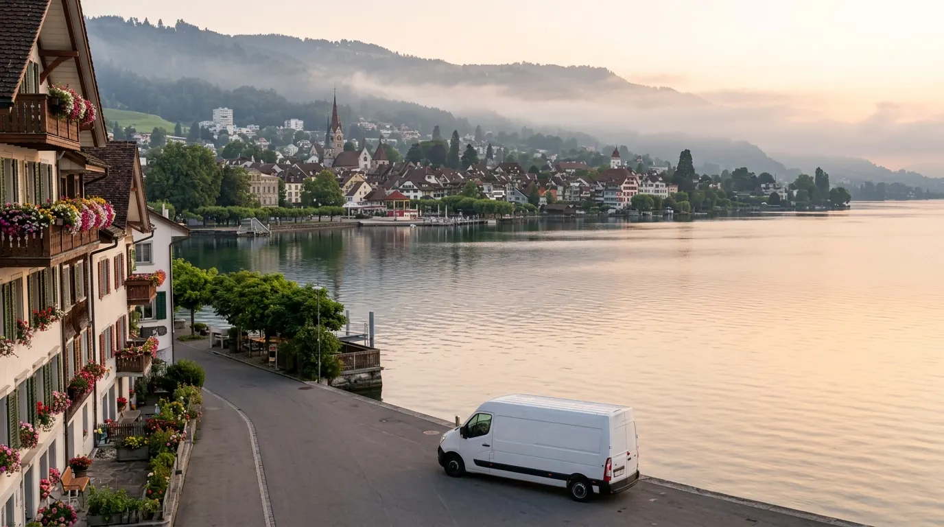 Umzugswagen an der Seepromenade in Zug mit Blick auf den Zugersee