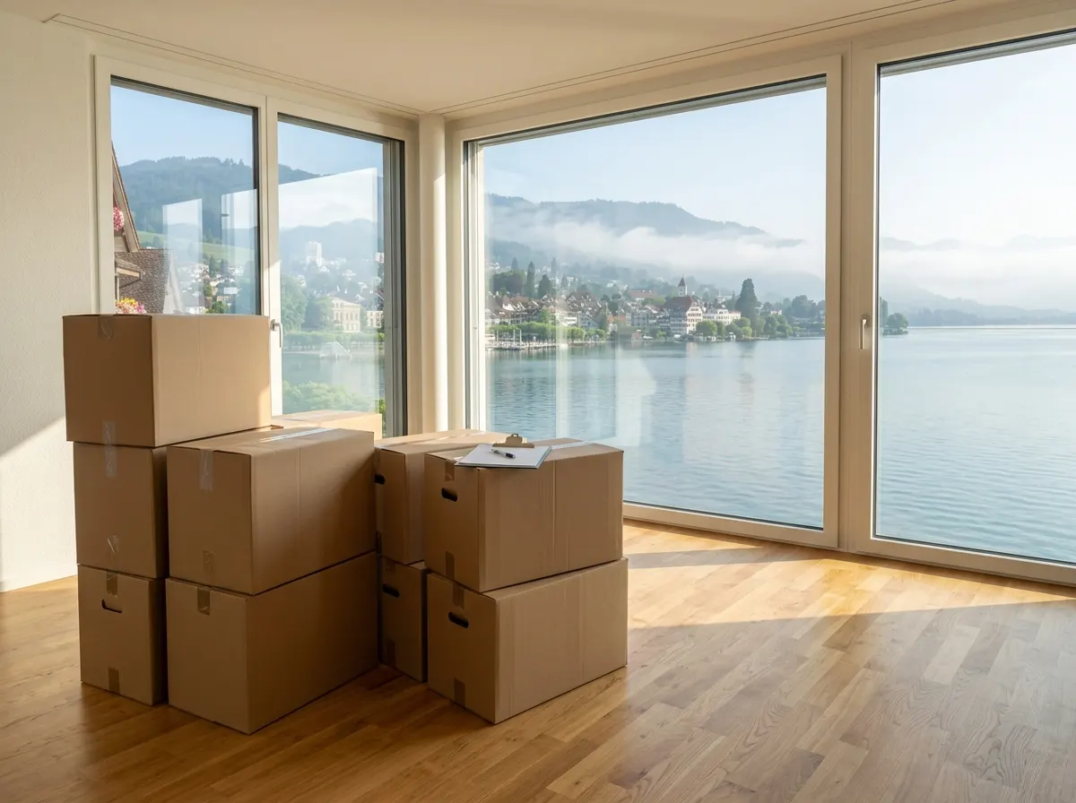 Umzugskartons und Offerte auf einem Tisch in einer Zuger Wohnung