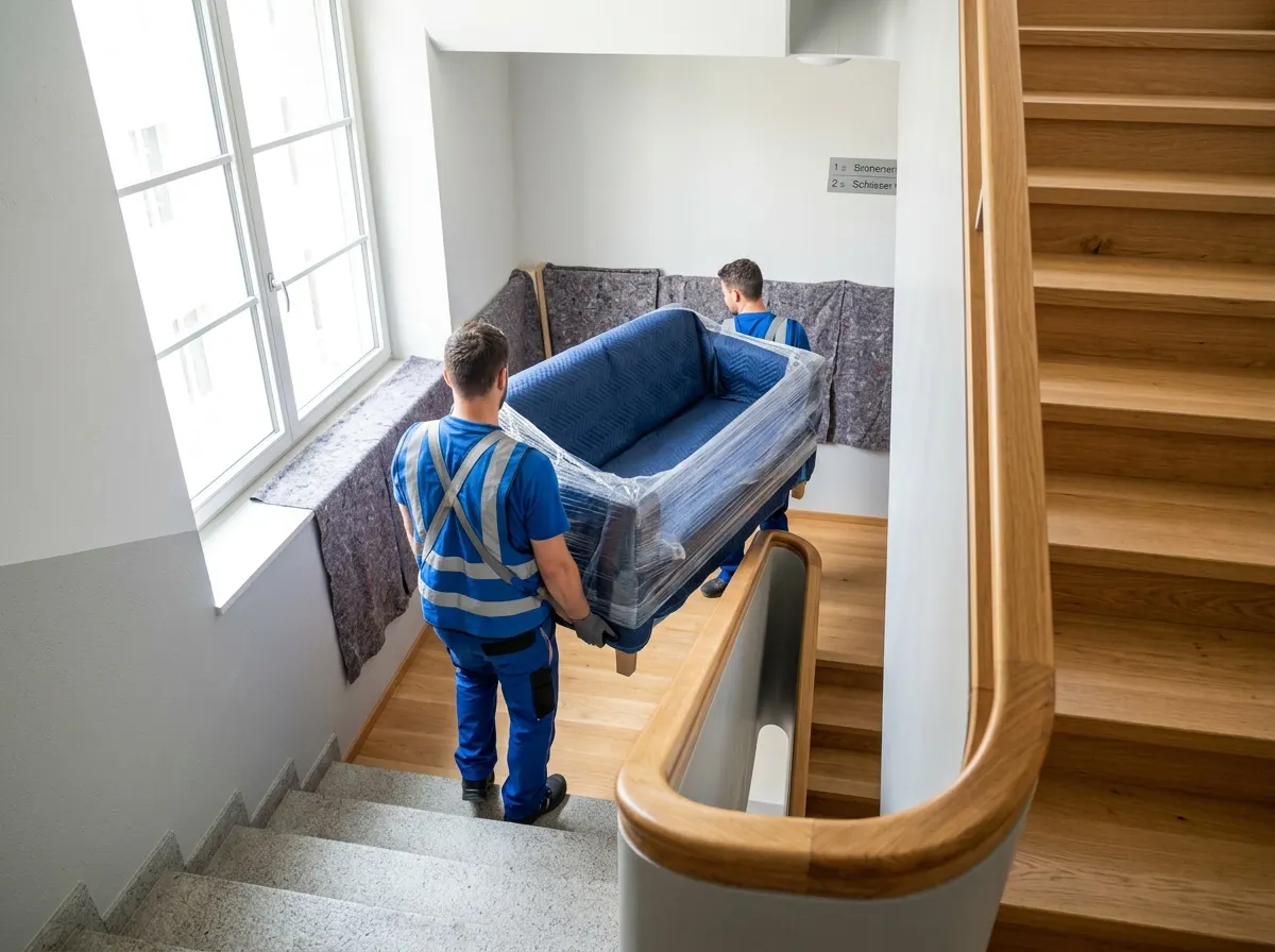 Umzugsfahrzeug mit Hebebühne vor einem Wohnhaus in einer Zuger Wohnstrasse